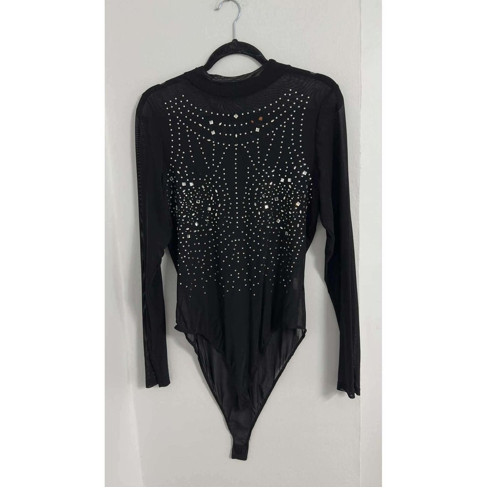 IRIS‎ Y2K Rhinestone Mesh Bodysuit Womens 2XL Sheer Long Sleeve Mock Neck